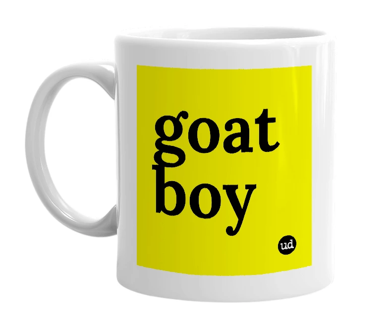 White mug with 'goat boy' in bold black letters