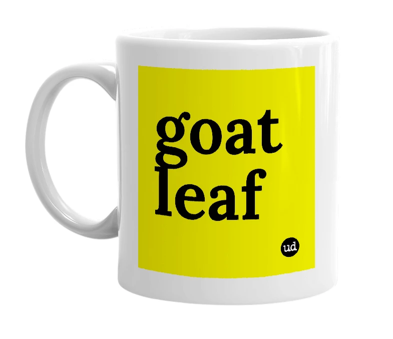 White mug with 'goat leaf' in bold black letters