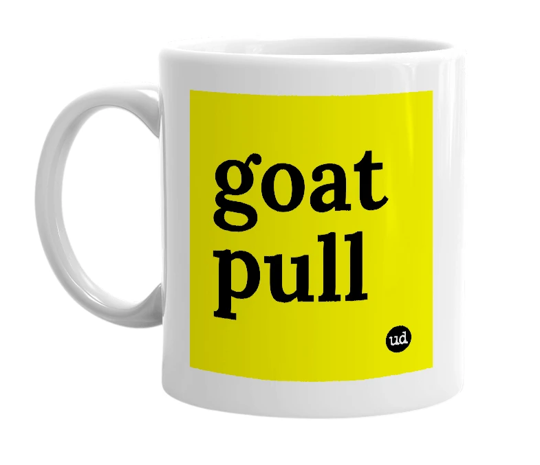 White mug with 'goat pull' in bold black letters