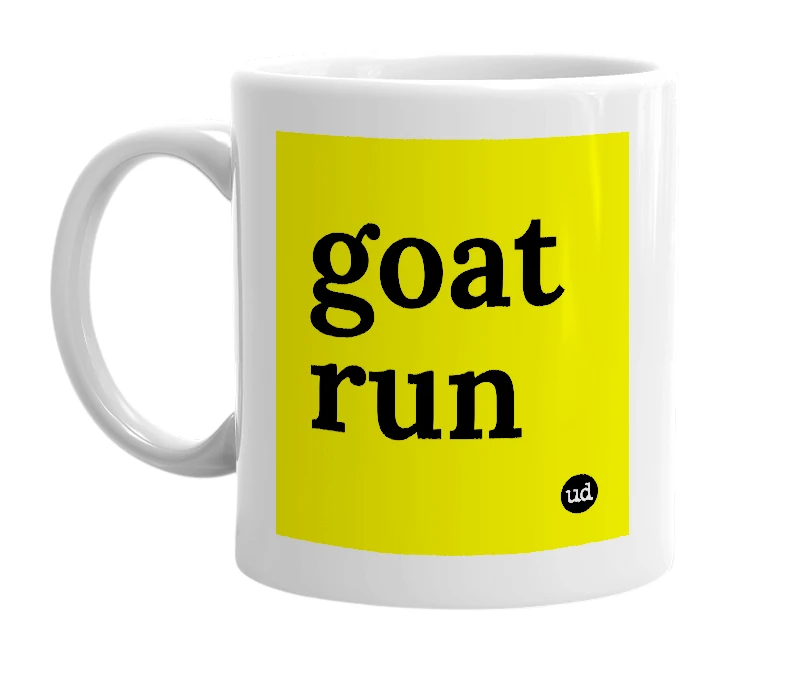 White mug with 'goat run' in bold black letters