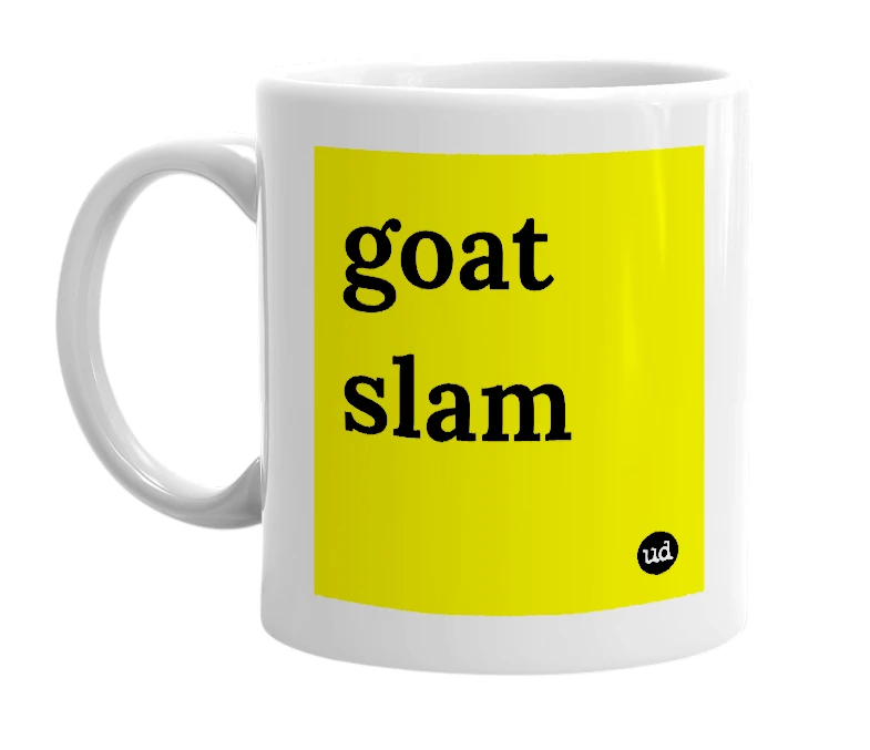 White mug with 'goat slam' in bold black letters