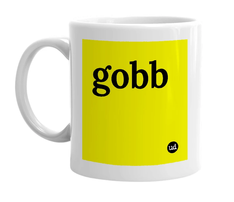 White mug with 'gobb' in bold black letters