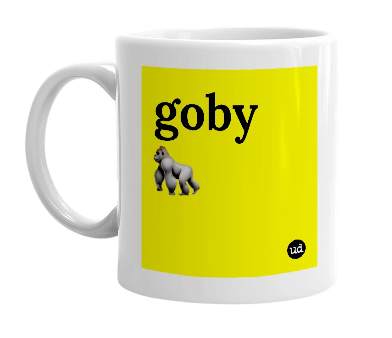 White mug with 'goby 🦍' in bold black letters