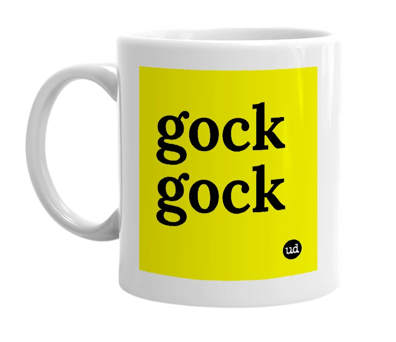 White mug with 'gock gock' in bold black letters