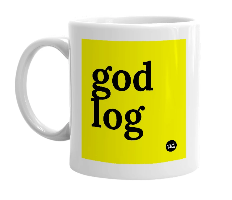 White mug with 'god log' in bold black letters