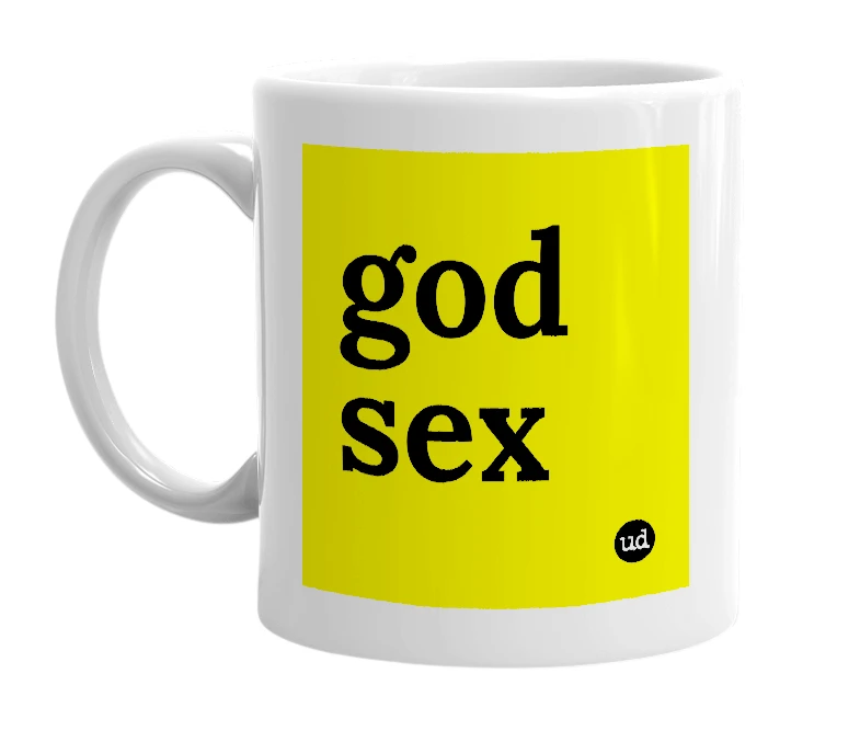 White mug with 'god sex' in bold black letters