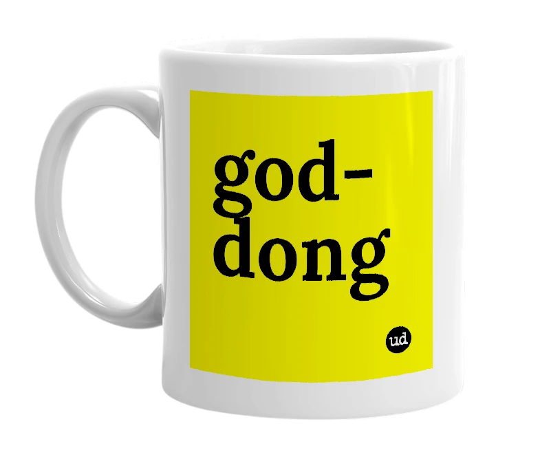 White mug with 'god-dong' in bold black letters