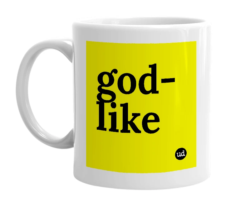 White mug with 'god-like' in bold black letters