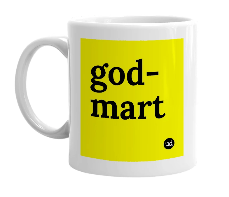 White mug with 'god-mart' in bold black letters