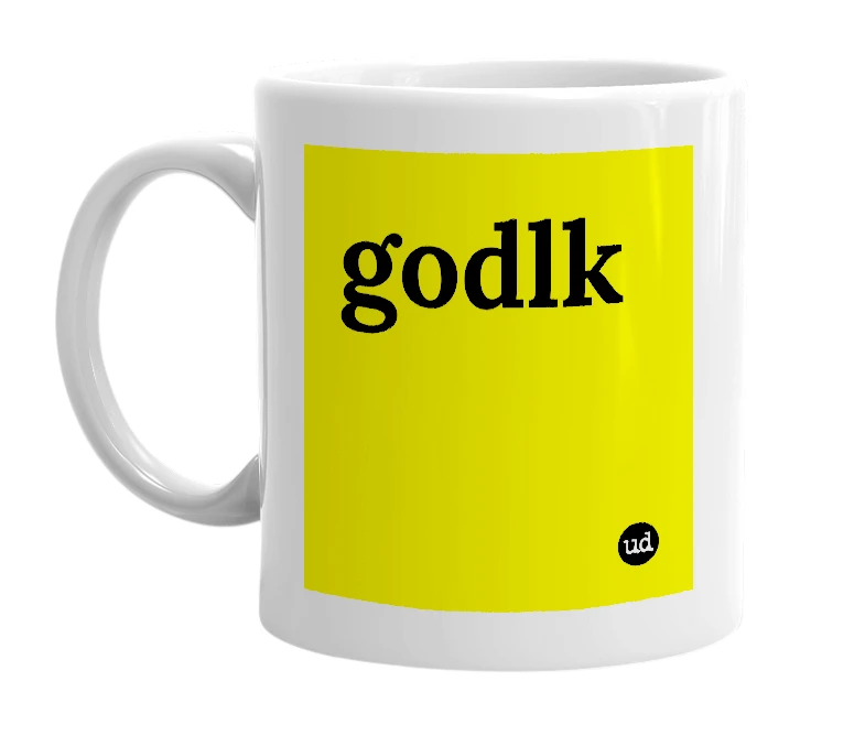 White mug with 'godlk' in bold black letters