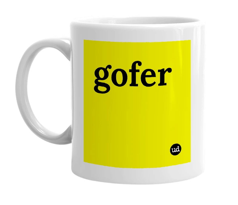 White mug with 'gofer' in bold black letters