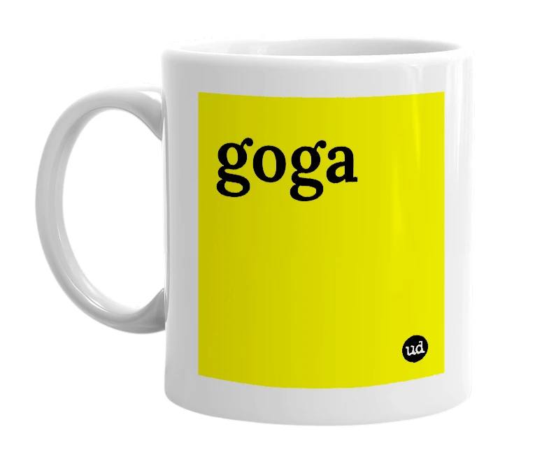 White mug with 'goga' in bold black letters