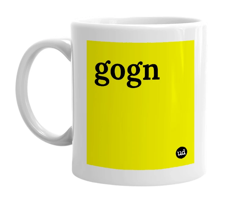 White mug with 'gogn' in bold black letters