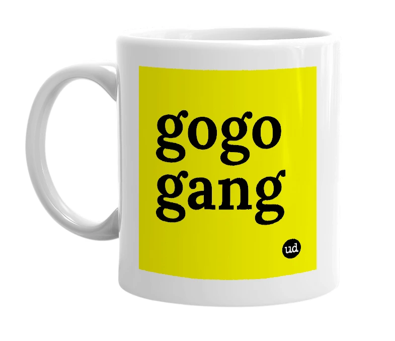 White mug with 'gogo gang' in bold black letters