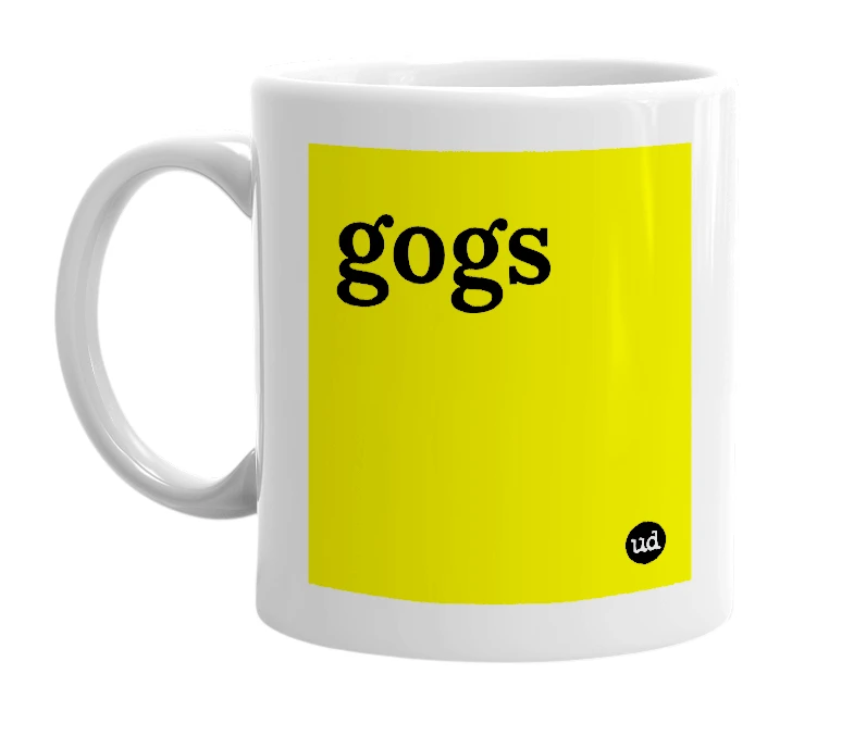 White mug with 'gogs' in bold black letters
