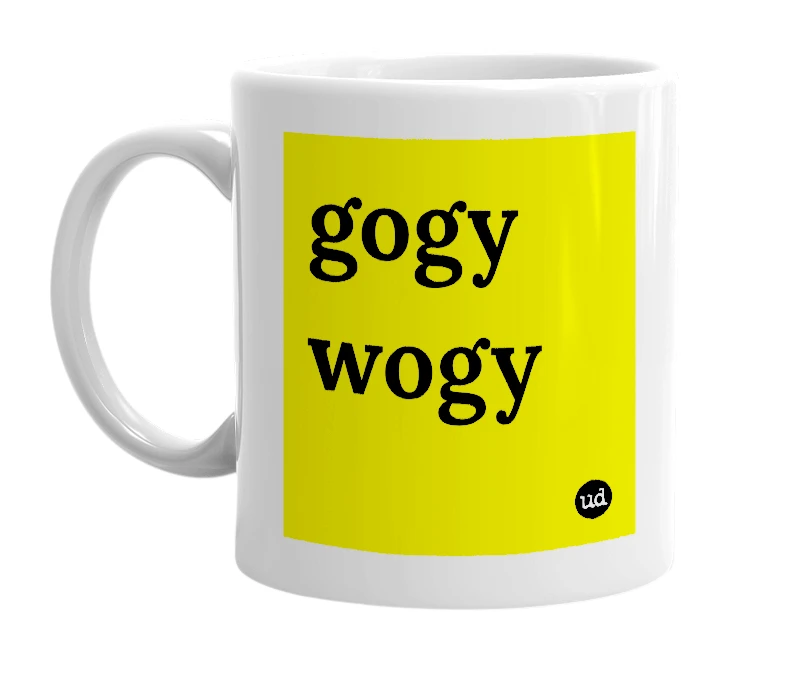 White mug with 'gogy wogy' in bold black letters