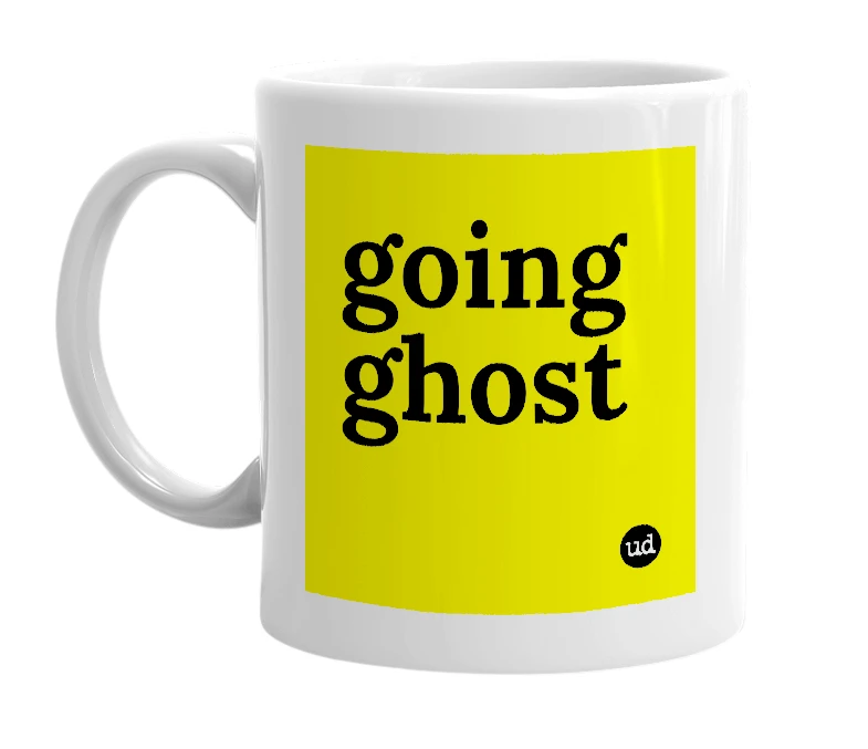 White mug with 'going ghost' in bold black letters