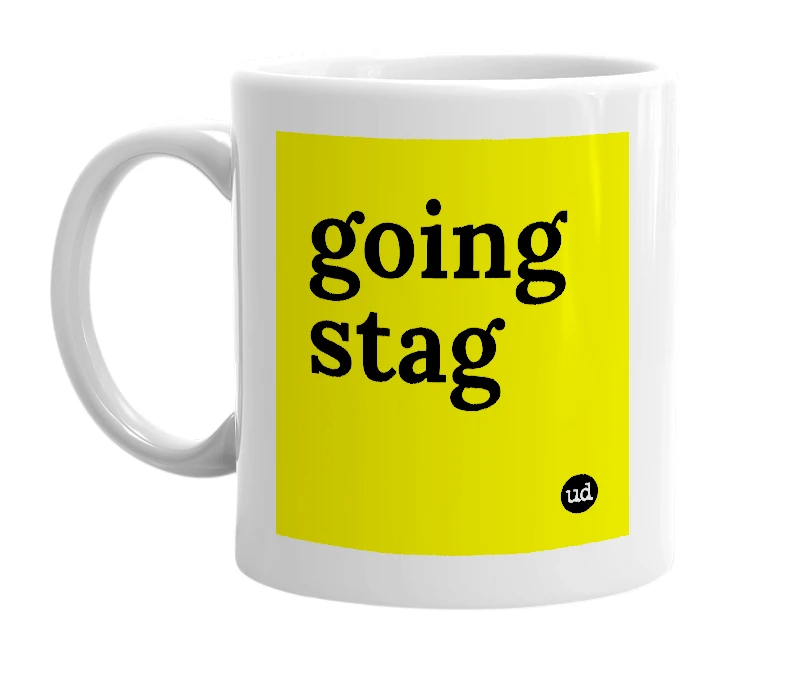 White mug with 'going stag' in bold black letters