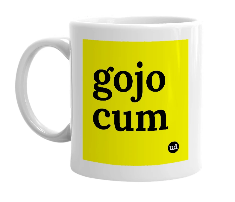White mug with 'gojo cum' in bold black letters