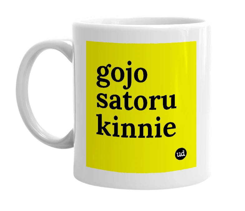 White mug with 'gojo satoru kinnie' in bold black letters