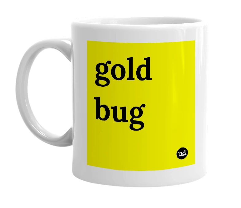 White mug with 'gold bug' in bold black letters
