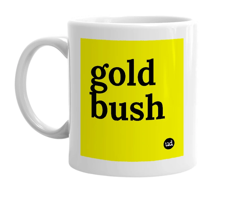 White mug with 'gold bush' in bold black letters