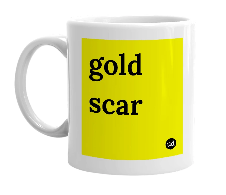 White mug with 'gold scar' in bold black letters