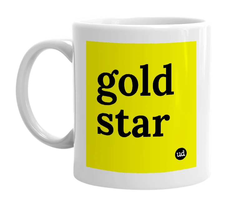White mug with 'gold star' in bold black letters