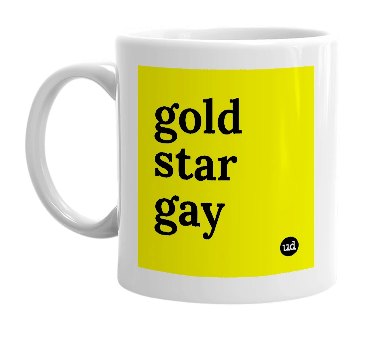 White mug with 'gold star gay' in bold black letters