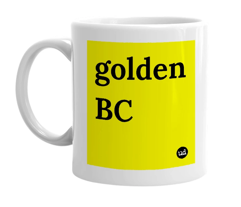 White mug with 'golden BC' in bold black letters