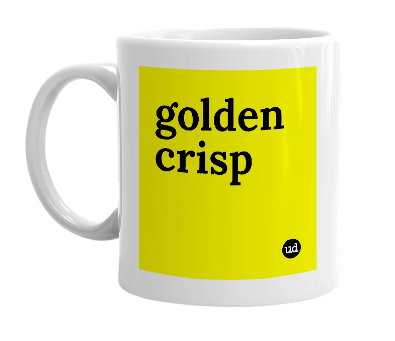 White mug with 'golden crisp' in bold black letters