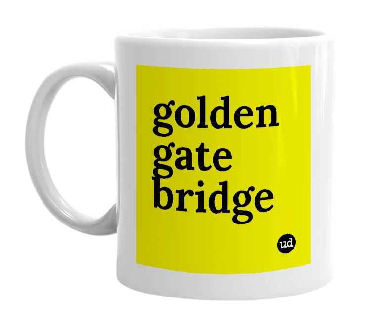 White mug with 'golden gate bridge' in bold black letters
