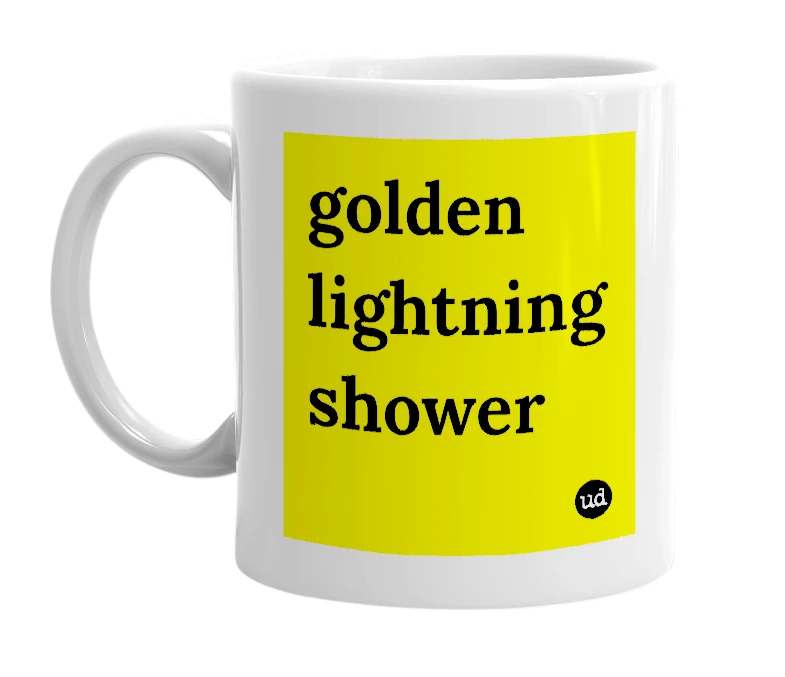 White mug with 'golden lightning shower' in bold black letters