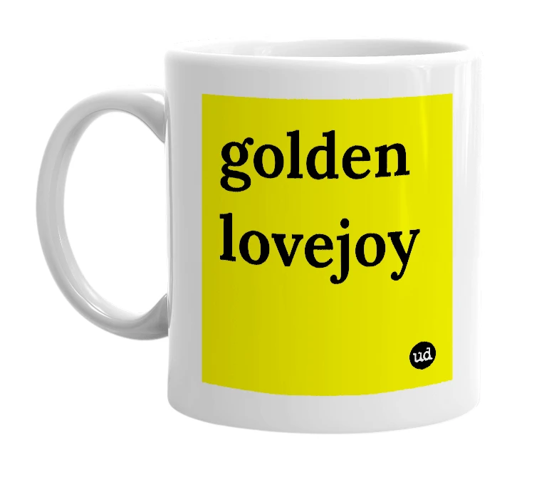 White mug with 'golden lovejoy' in bold black letters