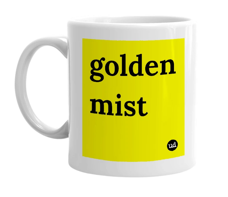 White mug with 'golden mist' in bold black letters