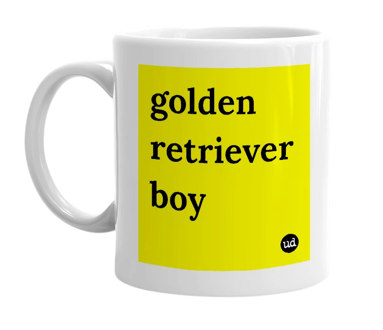 White mug with 'golden retriever boy' in bold black letters