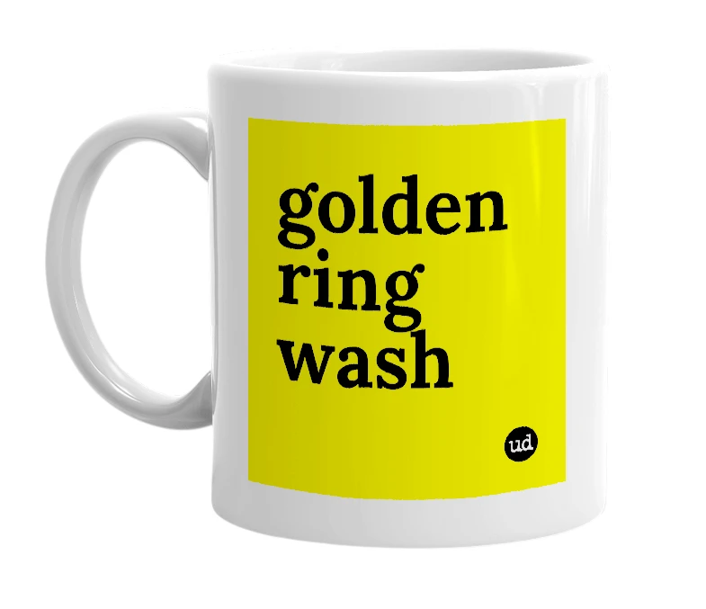 White mug with 'golden ring wash' in bold black letters