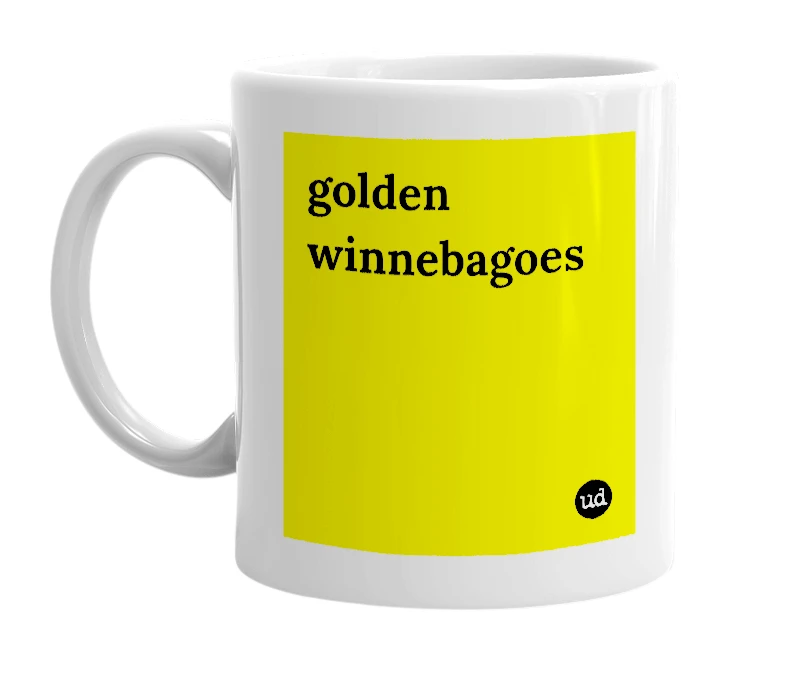 White mug with 'golden winnebagoes' in bold black letters