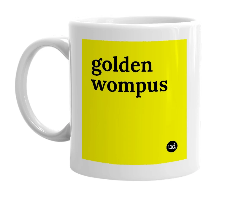 White mug with 'golden wompus' in bold black letters