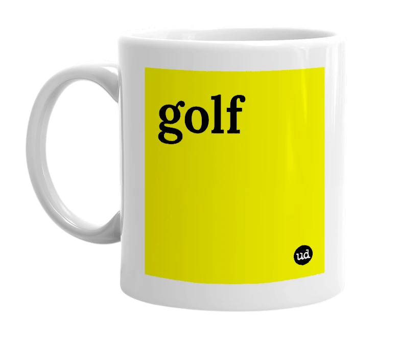 White mug with 'golf' in bold black letters