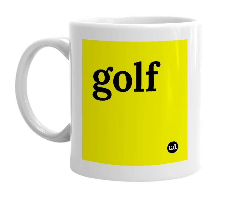 White mug with 'golf' in bold black letters