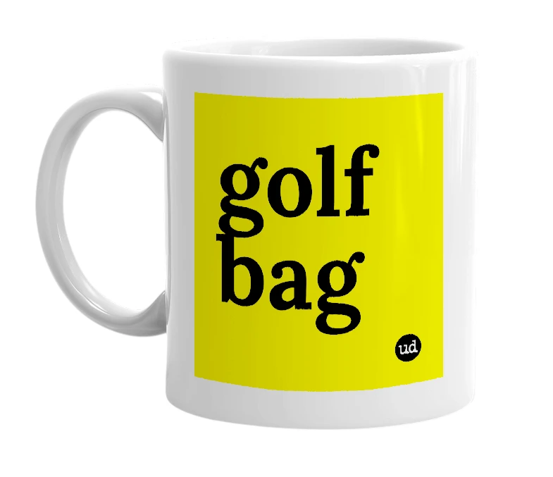 White mug with 'golf bag' in bold black letters