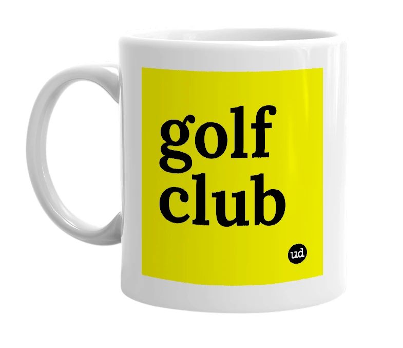 White mug with 'golf club' in bold black letters