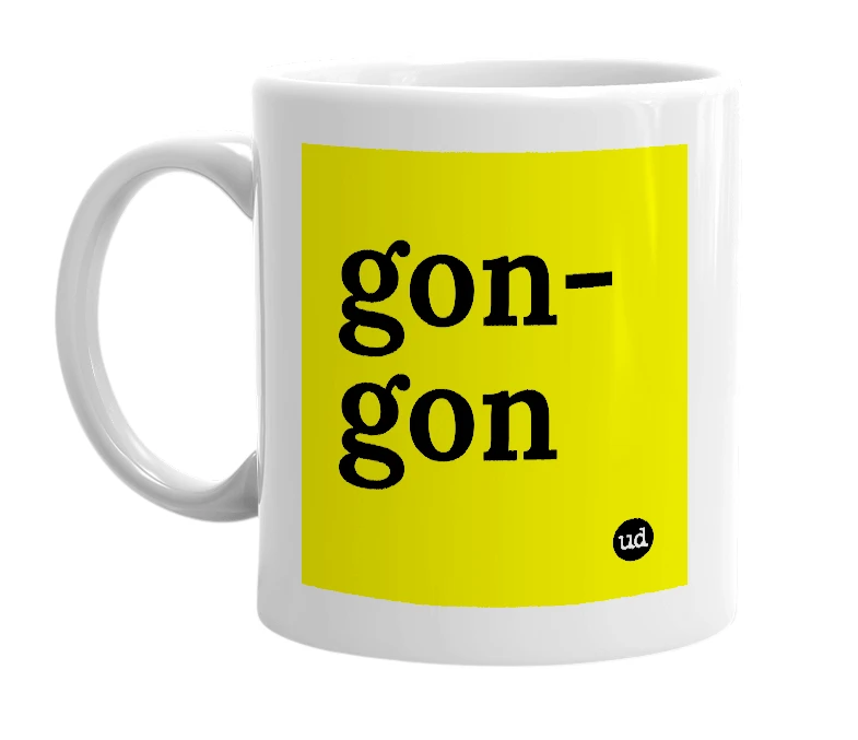 White mug with 'gon-gon' in bold black letters