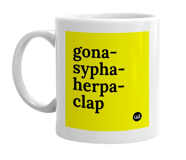 White mug with 'gona-sypha-herpa-clap' in bold black letters