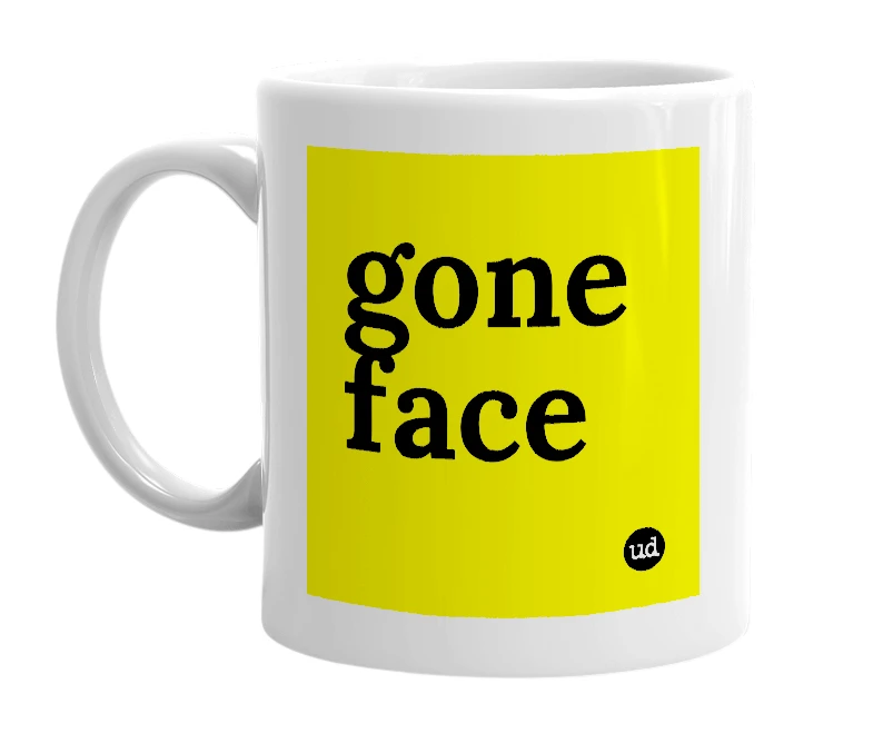 White mug with 'gone face' in bold black letters