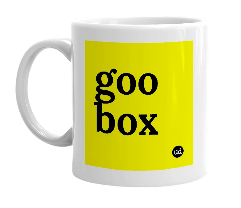 White mug with 'goo box' in bold black letters