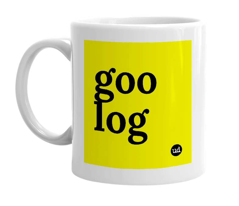 White mug with 'goo log' in bold black letters
