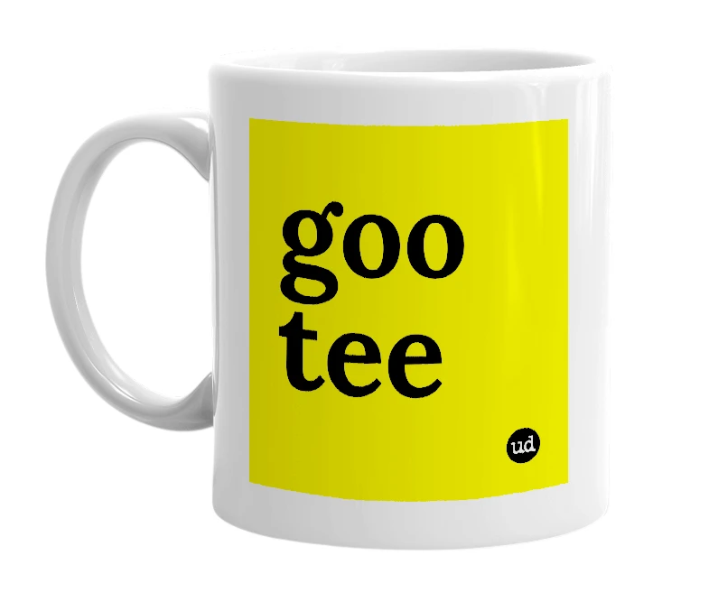 White mug with 'goo tee' in bold black letters