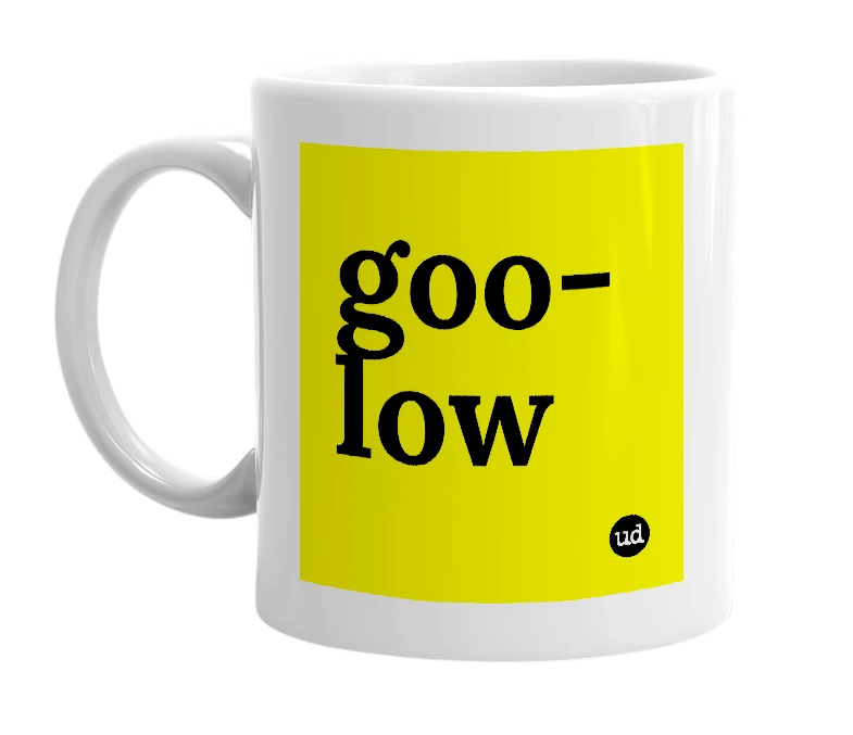 White mug with 'goo-low' in bold black letters